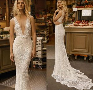 Gali Karten 2019 sjöjungfru bröllopsklänningar Sexig Backless Sweep Train Deep V Neck Appliqued Lace Bridal Gowns Sequins Plus Size Beach Dress