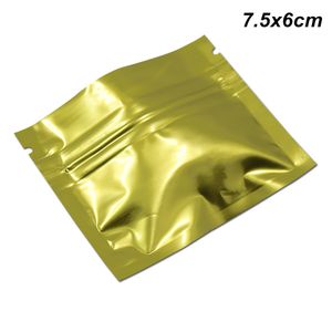 100pcs / Lot 7.5x6cm ouro Mylar reutilizável Foil Zipper Armazenamento sacos de embalagem folha de alumínio Resealable calor selo pacotes Dry Food embalagem Pouches