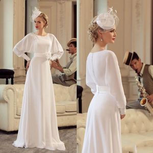 Chiffon Boho Chic Wedding Dresses Beach Long Sleeves Flower Sash A Line Bridal Gowns Cheap Vestido De Novia