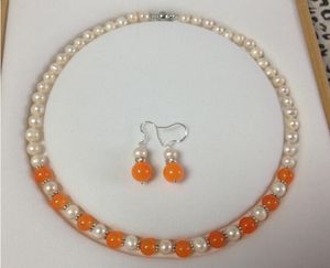 7-8mm Naturvit Akoya Cultured Pearl / Orange Halsband Örhängen Set Fashion Wedding Party Smycken