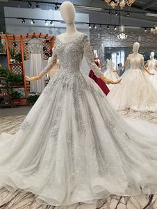 Oszałamiające Suknie Ślubne Z Długim Rękawem 2018 Beadings Lace-Up Cekiny Suknie Ślubne Luksusowe Koronki Wedding Bridal Suknie Prawdziwe zdjęcia