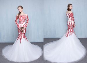 Red And White Wedding Dresses With Long Sleeves Illusion Off the shoulder Lace Applique Court Train Cheap Wedding Bridal Gown Lace up Back
