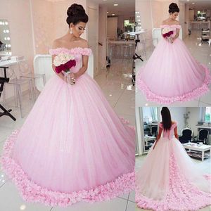 Glamorous Tulle & Satin Off-the-shoulder Neckline Basque Waistline Ball Gown Wedding Dress With 3D Flowers cathedral train Bridal Dress