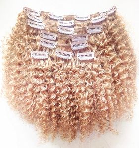 Wholesale blonde kinky curly clip in hair extensions for sale - Group buy New Brazilian Clip In Human Virgin Kinky Curly Hair Extensions Remy Blonde Clip In Hair Extensions g One Set