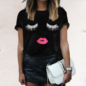 夏の女性のブラックホワイトTシャツファッションアイフラッシュの唇プリントトップス半袖ティーTシャツ