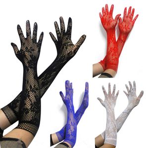 Damer fem finger fishnet handskar spets blommig jacquard opera längd mitt långa handskar elastiska party club karneval fancy dress tillbehör