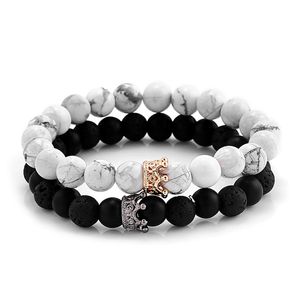 Lover's Natural White Black Stone Bead Bracelet Trendy Alloy Silver Gold Crown Charms Bangle Jewelry For Couple 2pcs