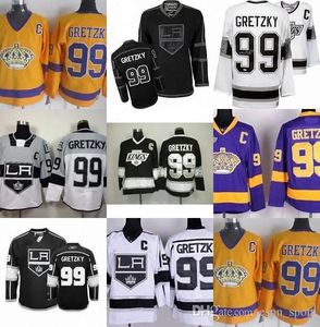 Heta försäljning Mens Los Angeles Kings 99 Wayne Gretzky billig bästa kvalitet 100% broderi logotyp gul lila ishockey tröjor acceptera mixordning