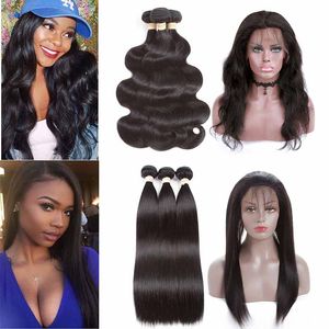 Brasileira Reta 360 Fechamento Frontal Do Laço com Pacotes Onda Do Corpo Barato Tecer Cabelo Humano Virgem com Pré Arrancadas 360 Lace Frontal