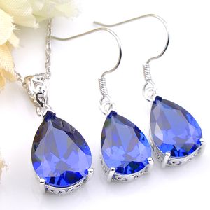 Luckyshine Wedding Jewelry Blue Pear Cut Topaz Earring Pendants Sets 925 Sterling Silver Necklaces Women Jewelry Sets Free Shipping P0227