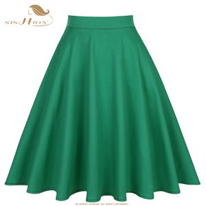 SISHION Green Skirt Retro Summer Skirts Womens 2018 High Waist Vintage Elegant A-Line Knee Length Cotton Women Skirt S-XXL