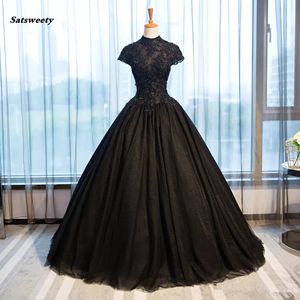 Schwarze Gothic Brautkleider mit hohem Kragen Casamento Vintage Brautkleider glänzende Perlenapplikationen Vestido De Novia