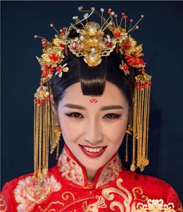 Kinesisk brud huvudbonad kostym jade hairpin coronet bu yao klassiska bröllopstillbehör