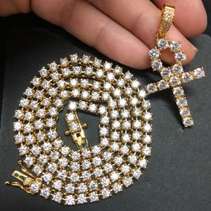 Gold Silver Color Plated Iced Out Zircon Ankh Cross Pendant Necklace With Tennis Chain Set Men Hip Hop Jewelry245C