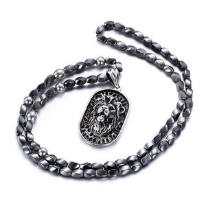 Punk Stainless Steel Lion Head Pendant Necklace For Men African Gray Iron Stone Beads 75cm Long Necklace Vintage Accessory