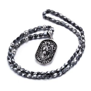 Collana con pendente a testa di leone in acciaio inossidabile punk per uomo Collana con perline in pietra di ferro grigio africano Collana lunga 75 cm Accessorio vintage