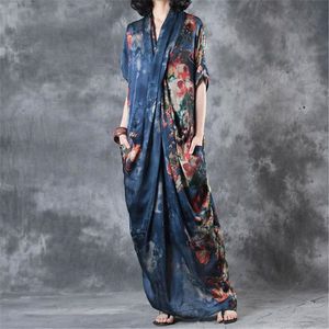 BuyKud 2018 Summer Vintage Floral Printed DeepV-Neck Long Dress Women Loose Elegant Robe Blue Dresses