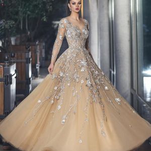 Abiti da ballo champagne con perline di lusso Scollo rotondo trasparente Applicazioni in pizzo Maniche lunghe Abiti da sera lunghi in tulle Abito da sera saudita glamour