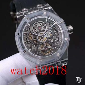 Роскошные часы мужские черный каучуковый браслет сталь Скелет 42мм Автоматическая модного бренда Мужские часы Наручные часы