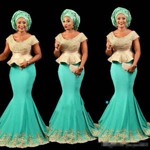 Aso Ebi Style Mint Afrika Peplum Prom Protası Nijeryalı Stil Lady Akşam Partisi Elbise Kısa Kollu Resmi Parti Elbise Denizkızı Durumu