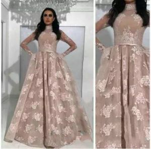 Modest High Neck Lace Floral Evening Dresses Mellanöstern Saudiarabien Vestidos de Festa Lång Party Dress Prom Formal Pageant Celebrity Gowns