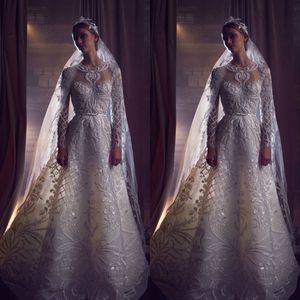 Elie Saab 2019 Designer Wedding Dresses Lace Appliqued Jewel Neck Long Sleeve Beaded Beach A Line Bridal Gowns Sparkly robe de mariée