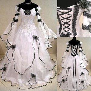 Vintage Gothic w dużych rozmiarach Suknie ślubne z długimi rękawami Czarna koronkowa gorset z tyłu szata de Mariee Kaplica pociąg ślubna dla ogrodu