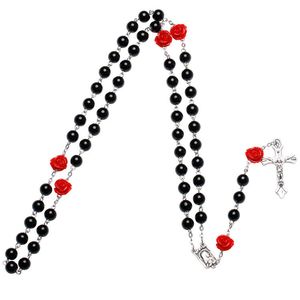 Gebetsperlen katholische Rosenkranz Madonna Jesus Kreuz Halskette Anhänger Ketten Mode Schmuck Geschenk für Frauen schwarz lila rosa