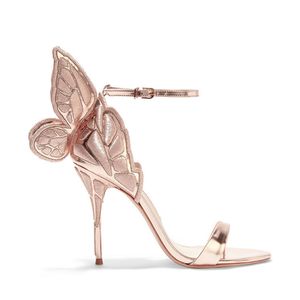 SW Fashion Brand Embroidered Wings Butterfly Sandals Women Prom Party Wedding Shoes Summer Metallic Leather Open Toe Stiletto Heel Pumps Ankle Strap Sandales 2022