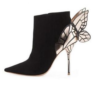 2018 Najnowsze Kobiety Eleganckie Solidne Black Suede Skórzane Wskazane Toe Krótkie buty Butterfly Metal Decorational High Heel Slip On Bootie