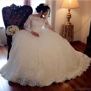 Ball Gown Wedding Dresses New Vintage Long Sleeves Lace Appliques Sequins Puffy Arabic Dubai Formal Church Bridal Gowns Plus Size