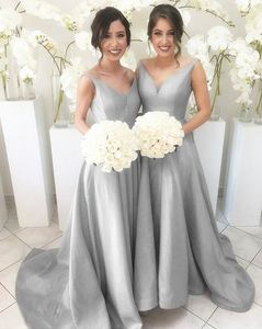 Silver Satin Bridesmaids Dresses Long 2019 Spaghetti V-neck Backless A-line Simple Evening Gowns Wedding Dresses Guests Custom Made 2019