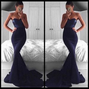 Sexy Navy Blue Bling Bling Sequins Top Mermaid Evening Dresses 2018 Backless Sweetheart Sweep Train Party Dresses Juniors Prom Dresses