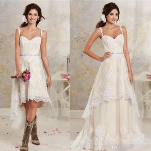 2019 Nya sexiga två stycken bröllopsklänningar spaghetti spetsar en linje brudklänningar med hi-lo kort löstagbar kjol country bohemian wed153g