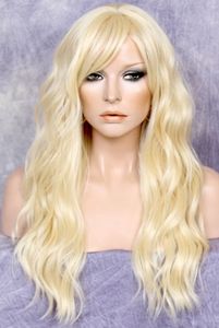 Long Beach Wavy Pale Blonde Full Wig Heat OK Hair Piece Layers Bangs wig FBW 613