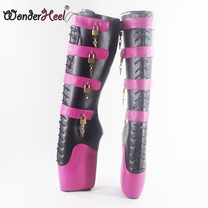 Wonderheel 울트라 하이힐 18cm 발 뒤꿈치 무릎 높은 부츠 섹시한 매트 가죽 잠금 자물쇠 발레 부츠