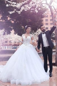 Gorgeous Middle East Arabic Wedding Dresses Ball Gown White Tulle Lace Appliques Illusion Long Sleeves Bridal Gowns 2019 New Desig237o