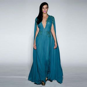 Teal Blue A Line Szyfonowe Suknie Wieczorowe V Neck z Cape Formal Prom Dress Lace Aplikacje Cekiny Red Dywan Suknie