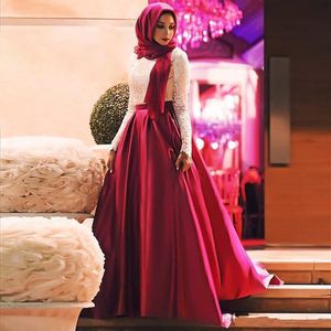 Branco Vermelho Muçulmano Vestidos de Baile Moda Manga Comprida Hijab Vestidos de Noite Renda Cetim Até o Chão Tamanho Grande Vestidos de Festa Arábia Saudita