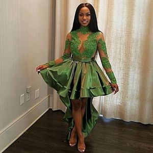 Stylish Hi-Lo Short Prom Dresses High Neck Beads Lace Appliques Long Sleeve Party Dresses Sexy African See Through Cocktail Dress Prom Gown