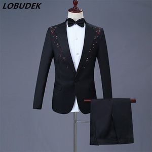 Shining Kristaller Erkekler Suit Yetişkin Kostüm Düğün Master Balo Tamamen Akşam Yemeği Parti Şarkıcı Koro Stüdyo gösterisi Blazers Pantolon Takım Elbise sahne kıyafeti