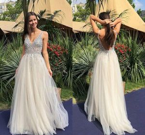 Blask Ivory Beading Tulle Suknie Wieczorowe V Neck Sheer Paski Backless Długi Prom Dresses Sweep Pociąg