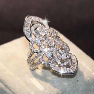 Brand New Luksusowa Biżuteria 925 Sterling Silver Ponke Cut White Topaz CZ Diamentowe Gemstones Księżniczka Office Sparkling Wedding Wide Band Ring