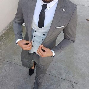 Cinza escuro noivo smoking lapela groomsman casamento 3 peça terno moda masculina de negócios Prom Party jaqueta Blazer (jaqueta + calça + gravata + colete) 2269