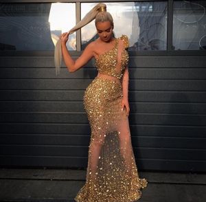 Sexy Gold Illusion Evening Dresses One Shoulder Single Long Sleeves Crystal Beaded Sheath Plus Size Prom Dresses Floor Length Zipper Up