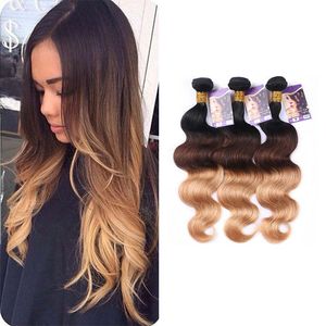 Bästa Ombre Human Hair Weave Bundles Extension 3 Tone Blonde 1B / 4/27 Ombre Brazilian Virgin Hair Body Wave 3 buntar 12-26 tum