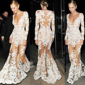 Hot European Womens Long Sleeve Mermaid Dress Sexy V Neck Tulle Applique Lace Prom Maxi Dresses White C2002