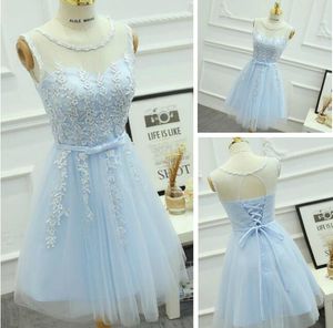 Elegant Jewel Lace-up Back A-line Short Applique Knee-Length Tulle Custom made Bridesmaid Dress