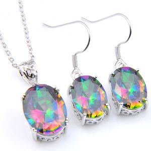 Luckyshine Holiday Gift ellipse Fire Colored Mystic Topaz Gems 925スターリングシルバーネックレスクリスタルジルコンペンダントドロップイヤリングジュエル