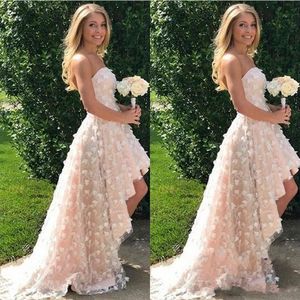 2019 New Sexy Garden Beach Blush Pink A Line Wedding Dresses Strapless Hi-Lo Tulle Handmade Flowers Sleeveless Backless Wedding Bridal Gowns